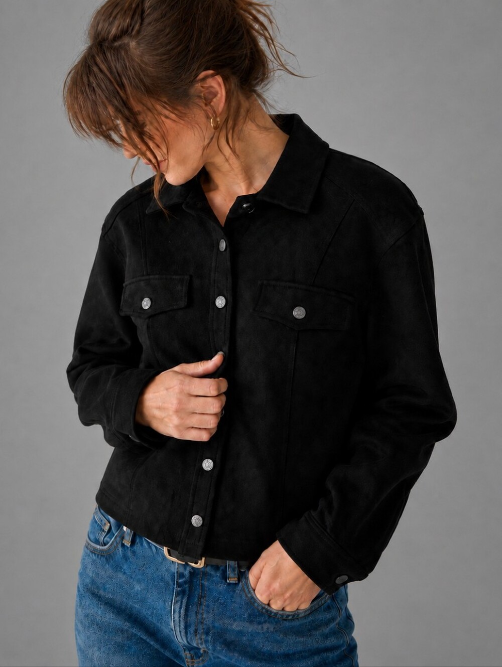 Frye Black Faux Suede Button Front Stretch Jacket Womens Size Estimate Medium